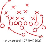 A detailed red marker drawing illustrates a strategic football game play diagram with player positions, routes, and defensive schemes.