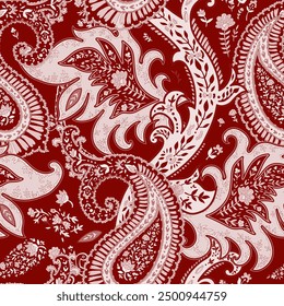 Detailed red paisley design with elaborate floral elements, seamlessly repeating. Ideal for textiles, wallpapers, and backgrounds. Vector illustration isolated on a white background.