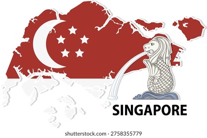 Detailed red and white vector illustration of Singapore map featuring the iconic Merlion landmark.