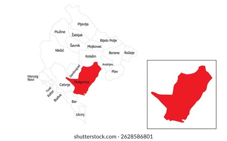 Mapa detalhado em vermelho do município de Podgorica, Montenegro para fins educacionais e geográficos em formato vetorial, mostrando fronteiras regionais e topografia