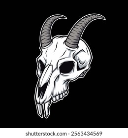 A detailed rendering of a mountain goat skull with dark, curved horns, isolated on a black canvas.