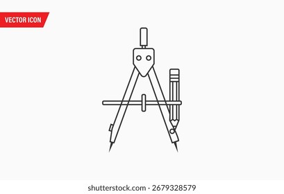 A detailed rendering of a traditional drafting compass equipped with a pencil holder, ideal for technical drawings, architectural plans, and geometric art creation.