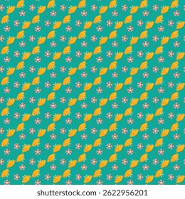 A detailed repeated pattern featuring golden orange leaves and delicate pink flowers on a turquoise background. A bright and lively design ideal for textiles, backgrounds, or spring-themed creations.