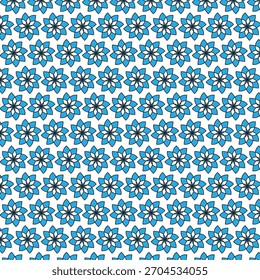 Um padrão detalhado e repetitivo apresenta inúmeros projetos florais pequenos, azuis e azuis. Estes elementos intrincados são organizados em linhas e colunas limpas contra um fundo branco limpo