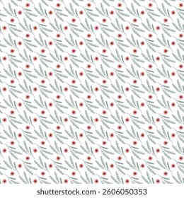 A detailed repeating seamless pattern featuring red star shapes paired with green pine-inspired elements. Suitable for holiday, festive, or cheerful design applications and crafting projects.