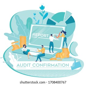 Detailed Report as Audit Confirmation. Professional Auditors Sending Documents to Business Owner by Email, Sitting on Laptop and Putting Check Sign by Piles Golden Coins. Flat Vector Banner.