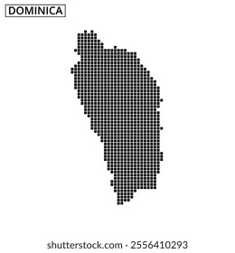 A detailed representation of Dominica's outline is formed using small black squares against a light backdrop, emphasizing the island's shape.