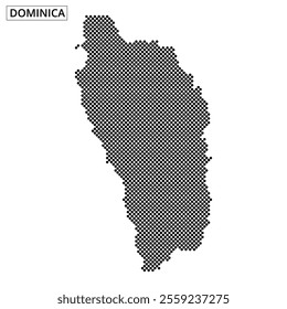 A detailed representation of Dominica's outline is formed using small black squares against a light backdrop, emphasizing the island's shape.