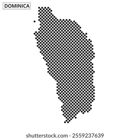 A detailed representation of Dominica's outline is formed using small black squares against a light backdrop, emphasizing the island's shape.