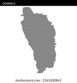 A detailed representation of Dominica's outline is formed using small black squares against a light backdrop, emphasizing the island's shape.