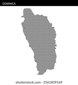 A detailed representation of Dominica's outline is formed using small black squares against a light backdrop, emphasizing the island's shape.