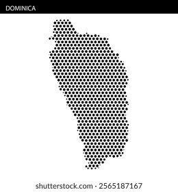 A detailed representation of Dominica's outline is formed using small black squares against a light backdrop, emphasizing the island's shape.