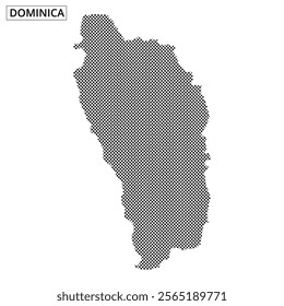 A detailed representation of Dominica's outline is formed using small black squares against a light backdrop, emphasizing the island's shape.