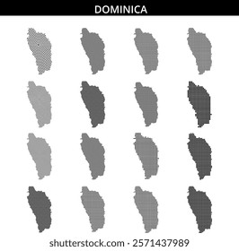 A detailed representation of Dominica's outline is formed using small black squares against a light backdrop, emphasizing the island's shape.