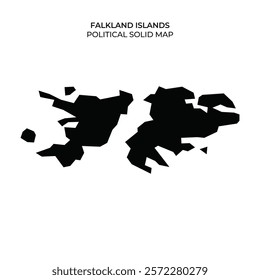 A detailed representation of the Falkland Islands shown in solid black, highlighting its unique geographical shape. This informative map can be used for educational purposes.