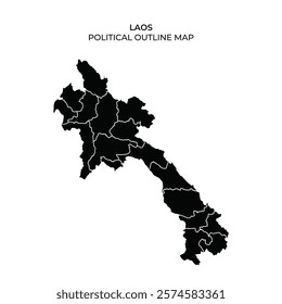 A detailed representation of Laos, featuring the political boundaries of various regions. The map is outlined in black against a plain background, highlighting the countrys geographical layout.