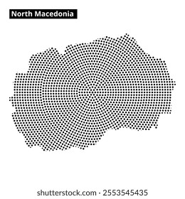 Detailed representation of North Macedonia showcasing its shape and surrounding areas, with dramatic dot patterns emphasizing key regions.