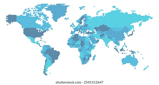 Uma representação detalhada do mapa-múndi com várias regiões políticas, exibida em um padrão de grade quadrada com diferentes tons de azul, destacando os limites geográficos.