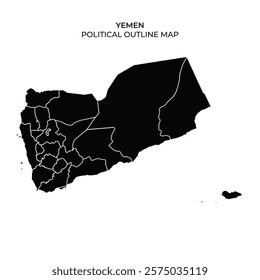 Detailed representation of Yemens political boundaries showcasing various administrative divisions across the country. Important regions and their borders are highlighted clearly.