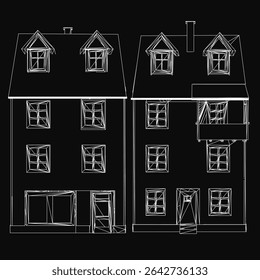 A detailed residential house illustration on a black background, featuring both front and back elevations with clear architectural details. The clean lines and precise drawing highlight.