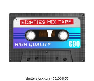 Detailed retro C90 audio cassette with eighties mix tape embossed title
