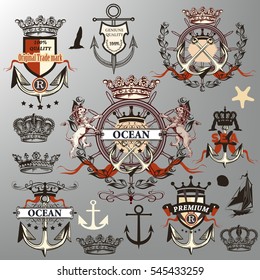 Detailed retro collection or set of vector nautical labels, crowns, anchors in heraldic style