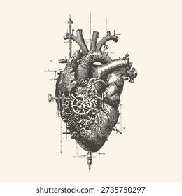 A detailed retro engraving visualizes a human heart fused with complex gears and mechanical components, embodying a steampunk sci-fi aesthetic.