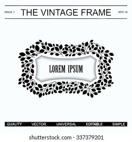 Detailed retro frame from branches with leaves. Monochrome template for label in the style of vintage newspaper.
 Vector EPS 10