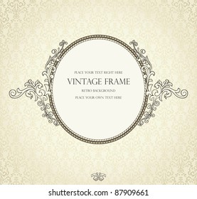 Detailed retro frame  on repeating damask wallpaper