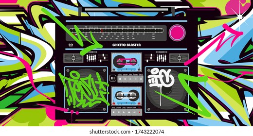 Detailed Retro Ghetto Blaster Hip Hop Graffiti Style