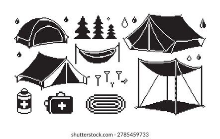 Detailed retro graphics of campsite setup. Includes rain drops trees canopy and medical emergency kit icons.