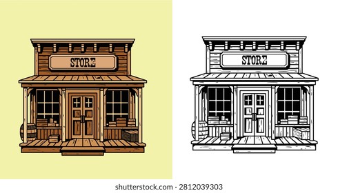 Detailed retro hand drawn graphic of an old western general store building with a wooden front porch