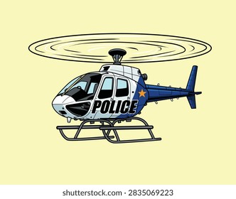 Detailed retro hand drawn vector illustration of a blue and white police patrol helicopter.
