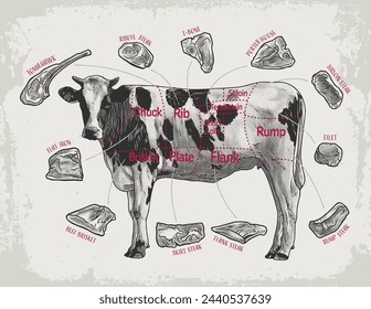 Detailed retro illustration showcasing different cuts of beef on a cow diagram.