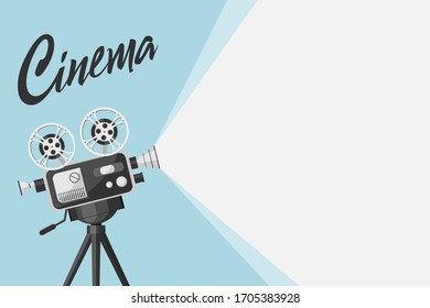 Detailed retro movie projector with film reels. Cinema background. Film festival template for banner, flyer, poster in retro style. Old movie projector with place for your text. Movie time concept.