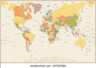 Detailed retro political World Map. Highly detailed vector illustration of World Map.