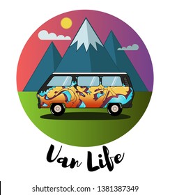 Detailed retro, vintage, travel, camper van, with graffiti and mountains on background. Roud badge of  graffiti vintage van car. Round sticker van life. 