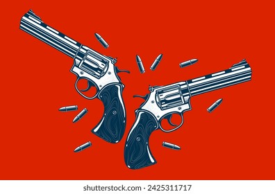 Detailed revolvers shotguns and bullets vector illustration in a classic graphic design style, two beautiful gun drawing over red background.