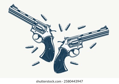 Detailed revolvers shotguns and bullets vector illustration in a classic graphic design style, two beautiful gun drawing.