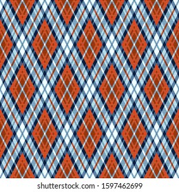 Detailed Rhomb seamless illustration pattern as a tartan plaid mainly in blue and orange hues with seeming transparency effect