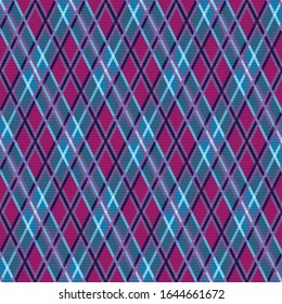 Detailed Rhomb seamless illustration pattern as a tartan plaid mainly in blue and magenta hues