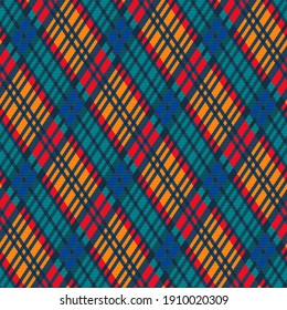 Detailed Rhomb seamless vector pattern as a tartan plaid in red, orange, blue and turquoise hues, texture for flannel shirt, plaid, tablecloths, clothes, blankets and other textile