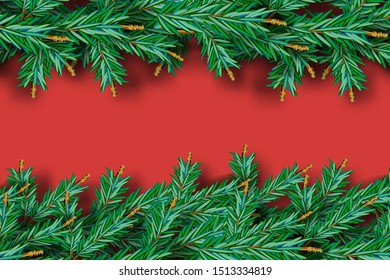 Detailed rich Coniferous christmas garland. Xmas border with fir branches without decorations. Realistic wreath tree for New Year design. Vector winter holiday banner, space for congratulation text