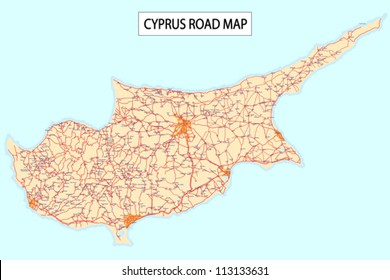 Detailed road map of Cyprus Island with Cities and settlements.