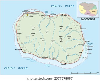 Detailed road map of the volcanic island of Rarotonga, Cook Islands