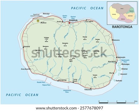 Detailed road map of the volcanic island of Rarotonga, Cook Islands