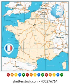 Detailed road vector map of France and colorful map pointers. All layers are separated and clearly labeled.