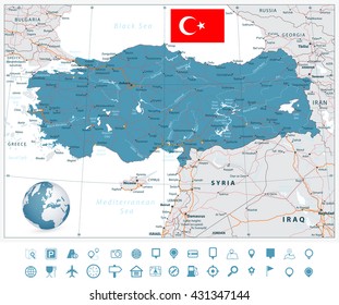 Detailed road vector map of Turkey and navigation icons with separated layers.