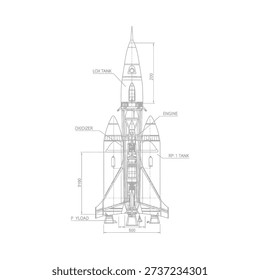 Detailed rocket schematic diagram featuring labeled sections structural components and precise measurements on a clean white background