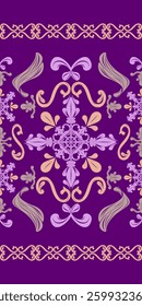 Detailed of Rococo Ages Ornate Scroll Border Pattern with Silk Weaves Embroidery Green Purple Gold on Violet Background. Elegance Art Work for Luxury Design as Fabrics Prints Textiels Interior Batik